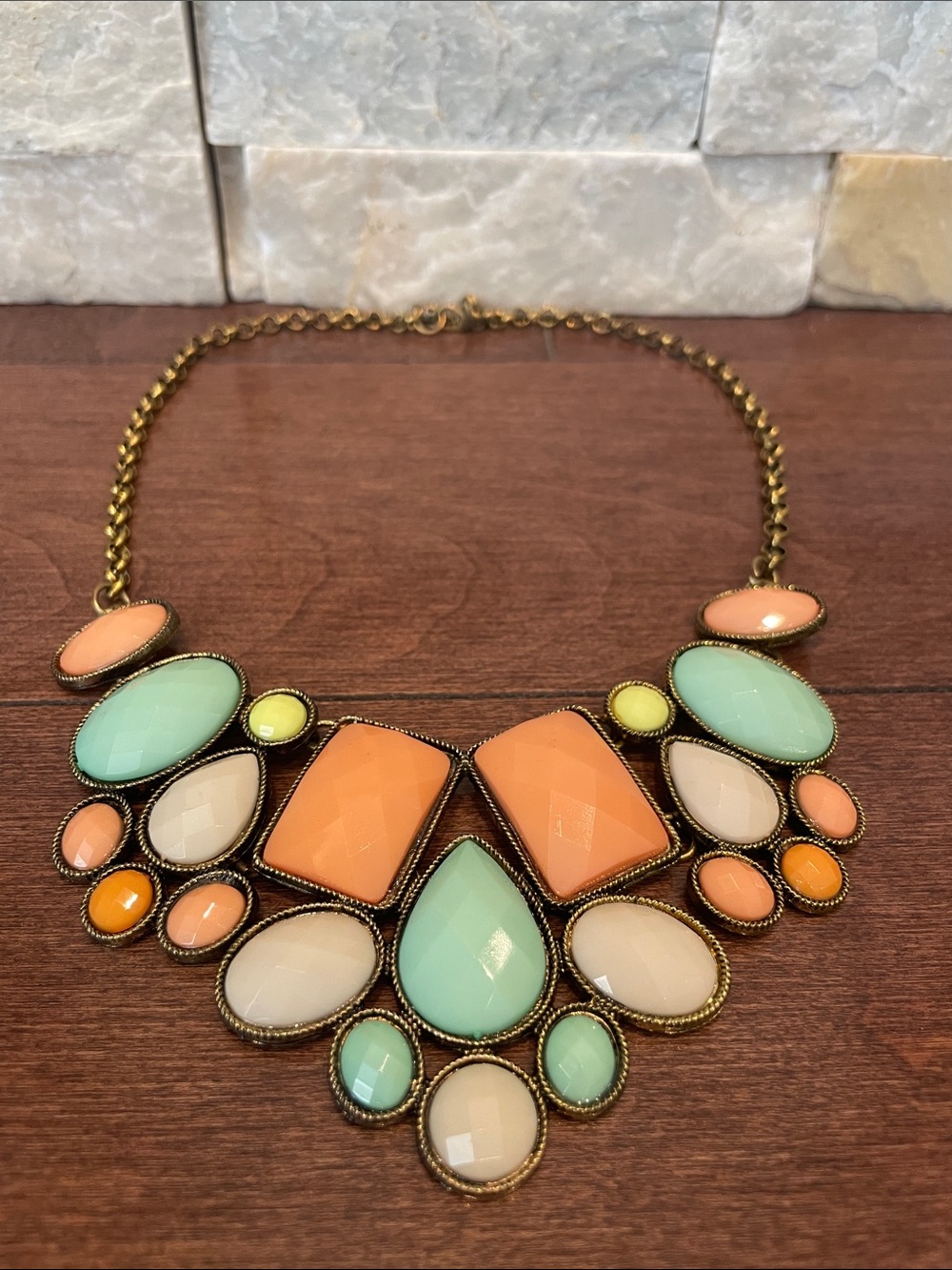 Colorful Statement Bib Necklace in Peach, Mint & Cream